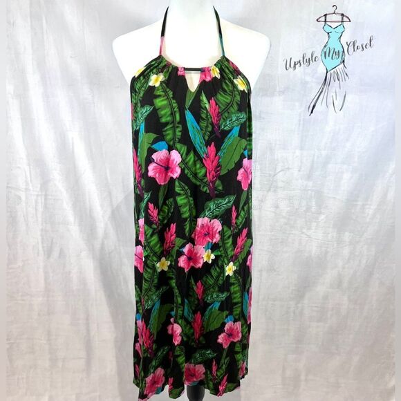 Colleen Lopez tropical print halter midi dress size large - Picture 2 of 6